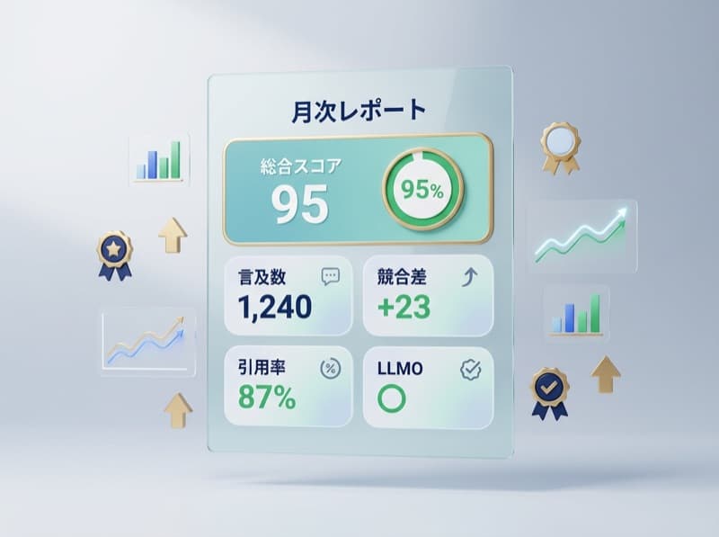 月次レポート - 総合スコア、言及数、引用率、競合差の定期レポート